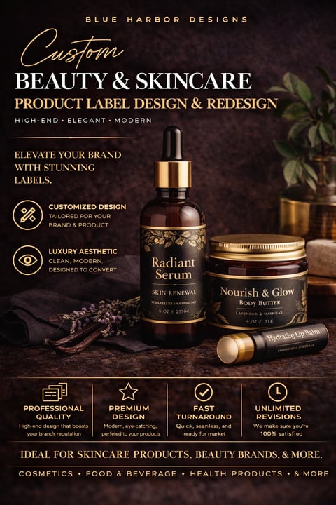 Blue Harbor Designs beauty and skincare product label design service showcasing luxury gold and brown labeled bottles on dark background
