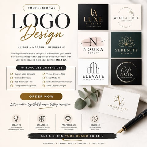 Professional logo design service showcase featuring sample luxury logos and branding packages with order button