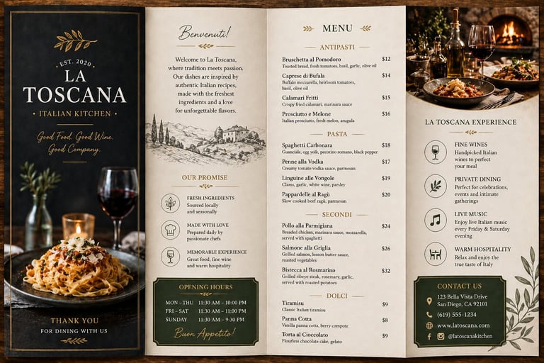 La Toscana Italian restaurant menu tri-fold brochure with wine, pasta dishes, and dining experience details