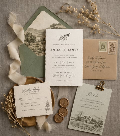 Flat lay of rustic wedding stationery set including invitation, RSVP card, details card, and envelope with greenery, wax seals, and cream ribbon on gray linen background