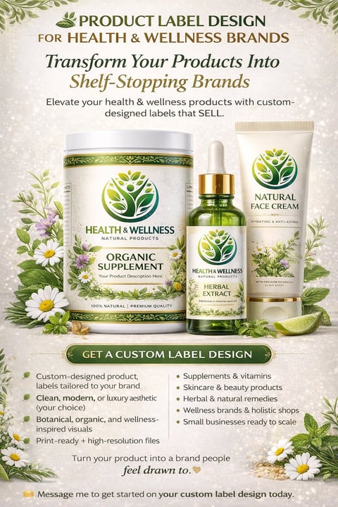 Health and wellness product label design flyer featuring three natural products with botanical branding and custom label options for organic supplements and skincare