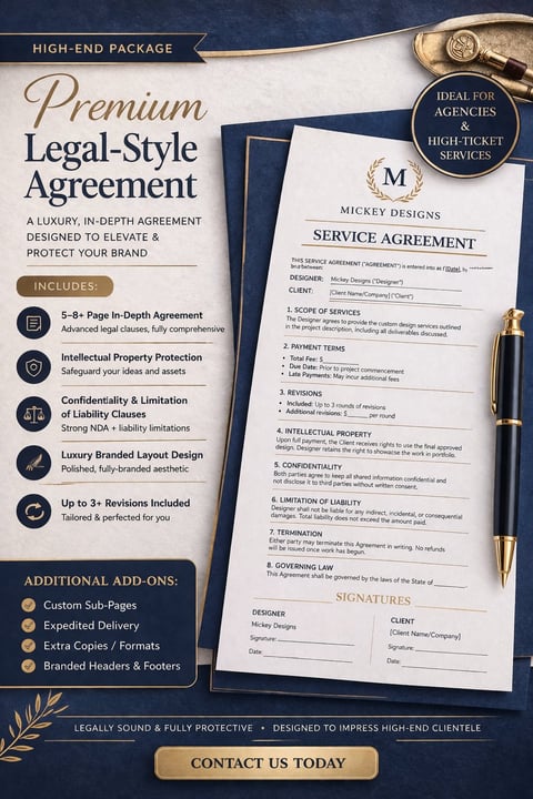 Premium legal-style agreement template package marketing image showing branded service agreement document with luxury design and features list