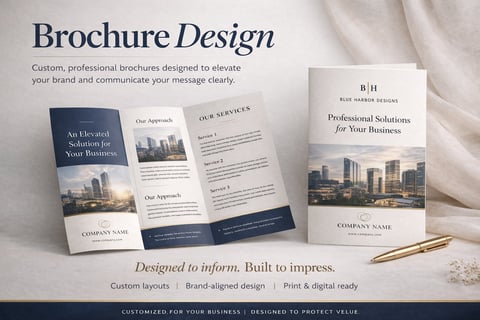 Professional brochure design mockup showing tri-fold and bi-fold layouts with cityscape imagery, navy accents, and gold pen on textured background