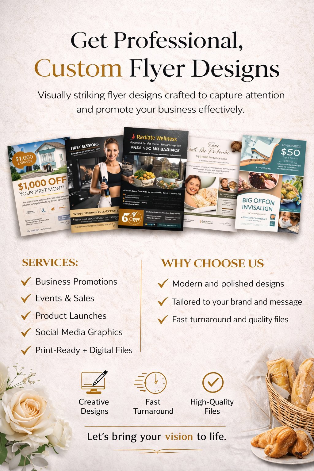 Custom flyer design services showcase with sample promotional flyers for real estate, fitness, wellness, and events, highlighting professional design packages and services