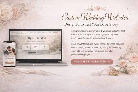 Custom wedding website displayed on laptop and mobile phone with roses, gold rings, and Inquire About Wedding Websites button
