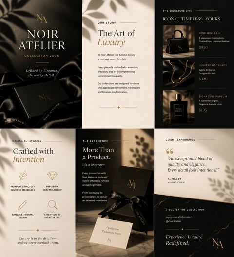 Luxury brand marketing collage featuring elegant black and beige design panels showcasing Noir Atelier collection 2024 with product imagery and testimonials