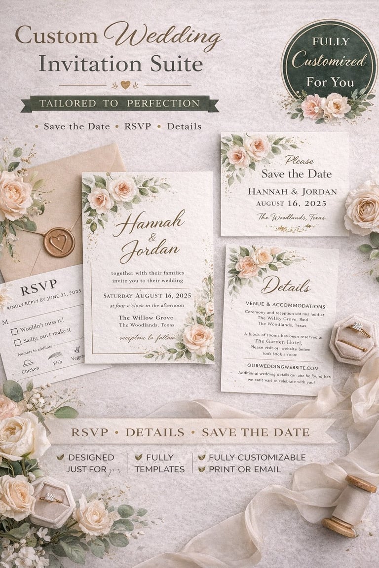 Custom wedding invitation suite mockup with floral design, RSVP card, save the date, and details card on beige background with flowers and ribbons