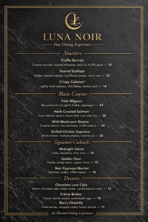Luna Noir fine dining restaurant menu featuring starters, main courses, signature cocktails, and desserts on dark marble background