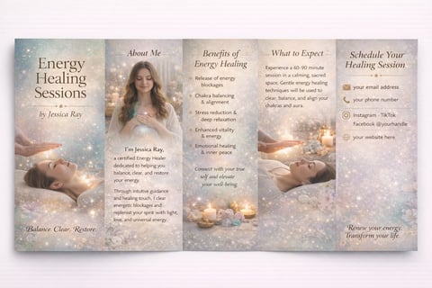 Tri-fold brochure for Energy Healing Sessions by Jessica Roy featuring healing imagery, service benefits, and booking information