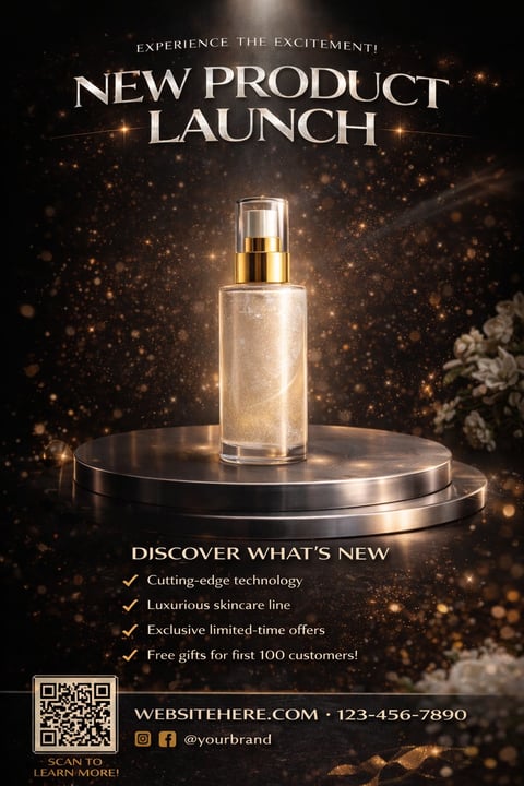 Luxury skincare product launch poster featuring a gold and clear glass bottle on a metallic platform surrounded by golden sparkles and text highlighting cutting-edge technology and exclusive offers