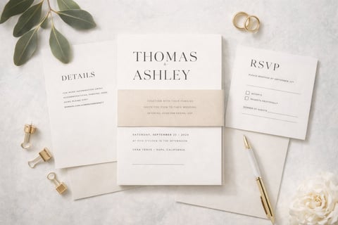 Elegant wedding invitation suite displaying cream cards with Thomas Ashleys name, RSVP details, gold rings, greenery, flowers, and pen on marble background