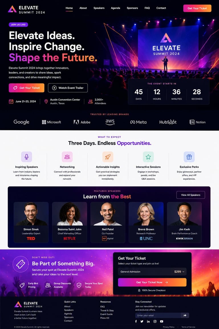 Elevate Summit 2024 website homepage featuring purple stage backdrop with event details and speaker lineup
