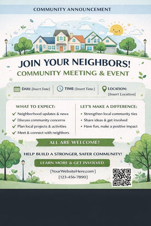 Community meeting announcement flyer with neighborhood houses, event details fields, and QR code for joining local community gatherings