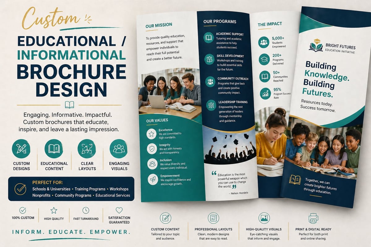 Mockup of custom educational and informational brochure designs featuring teal and navy color schemes with photos and text layouts