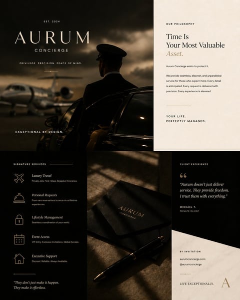 Luxury concierge service website layout featuring silhouetted man in car, premium branding, and service offerings for high-end lifestyle management