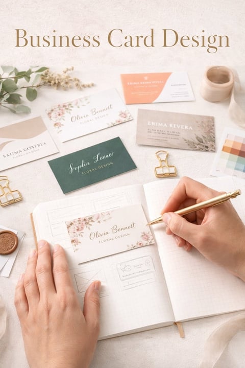 Flat lay of business card design samples with floral patterns, hand holding pen, gold clips, and color palette on white background
