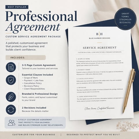 Professional Agreement custom service package template with branded letterhead, featuring essential business clauses and customizable design elements