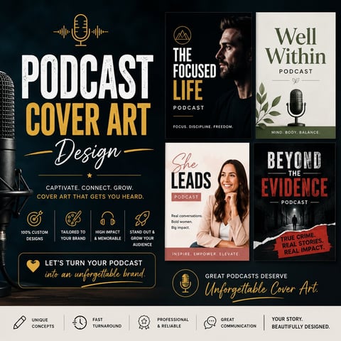Podcast cover art design showcase featuring four podcast covers with professional microphone imagery and bold typography