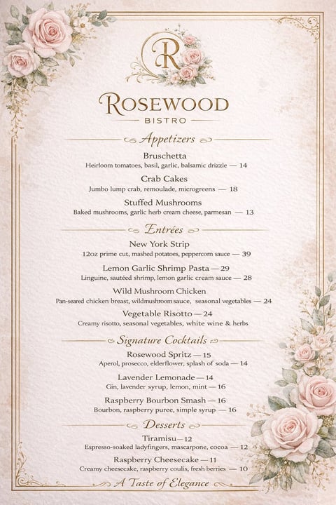 Rosewood Bistro menu featuring appetizers, entrees, signature cocktails and desserts with decorative pink roses and ornate border design