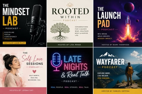 Grid of six podcast cover artworks featuring various shows including The Mindset Lab, Rooted Within, The Launch Pad, The Self Love Sessions, Late Nights and Real Talk, and Wayfarer.