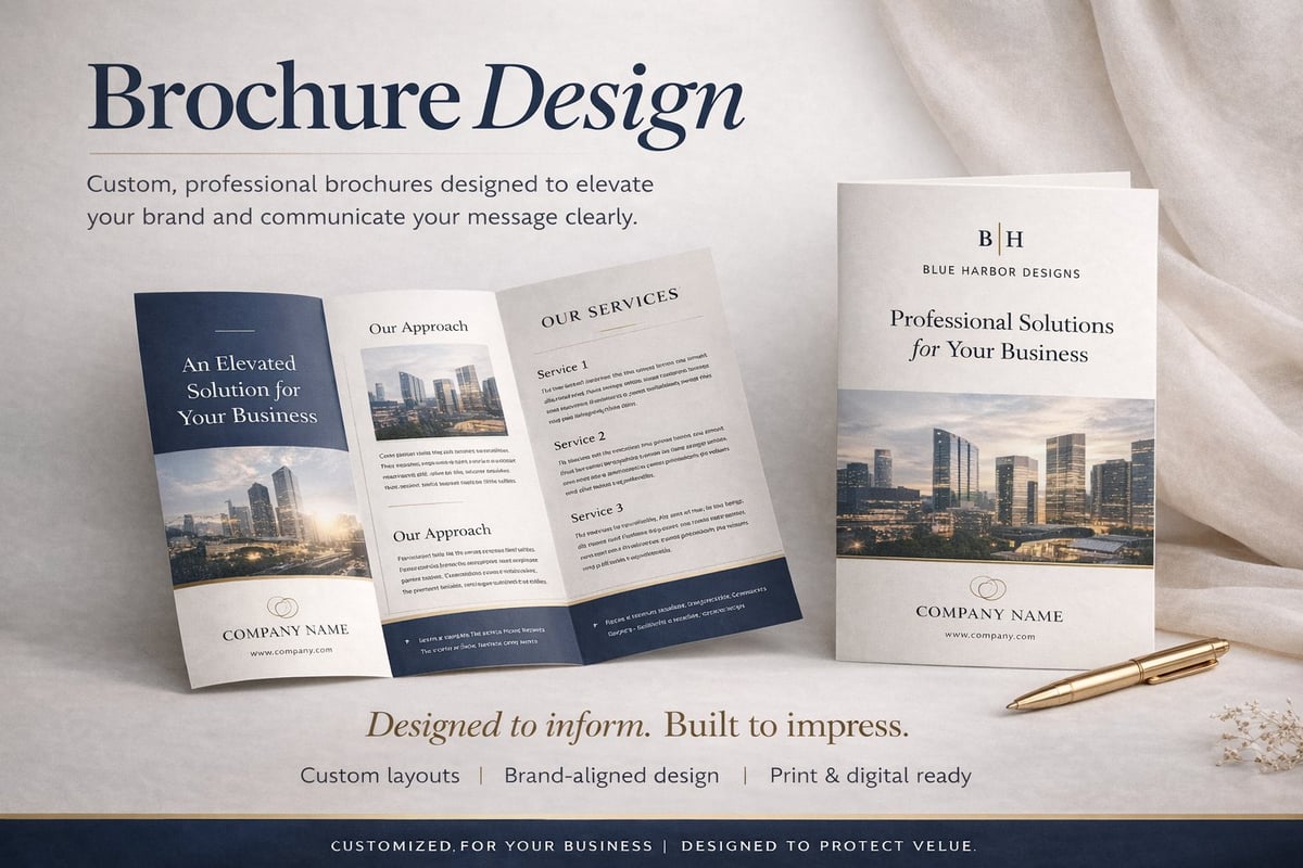 Professional brochure design samples featuring folded tri-fold layouts with city imagery, displayed with a pen on a light background