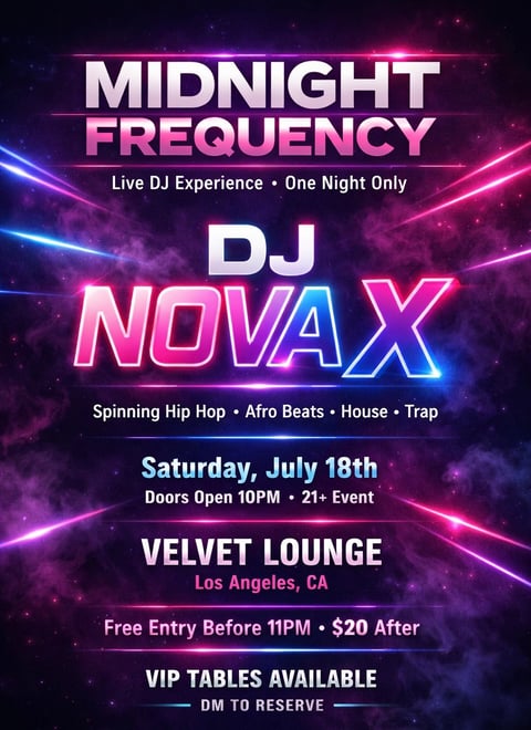 Midnight Frequency event poster featuring DJ Nova X at Velvet Lounge in Los Angeles on Saturday July 18th, with neon pink and blue graphics advertising live DJ experience and club night details