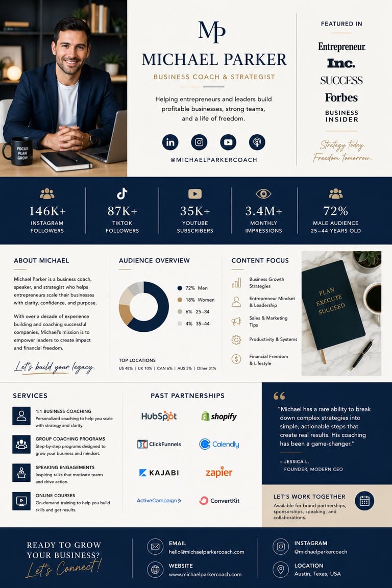 Michael Parker business coach and strategist professional profile showcasing credentials, social media following, services, and partnerships for entrepreneurs