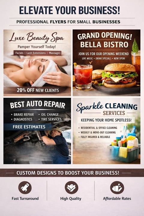 Professional flyer template for small businesses featuring examples for beauty spa, bistro, auto repair, and cleaning services with fast turnaround, high quality, and affordable rates