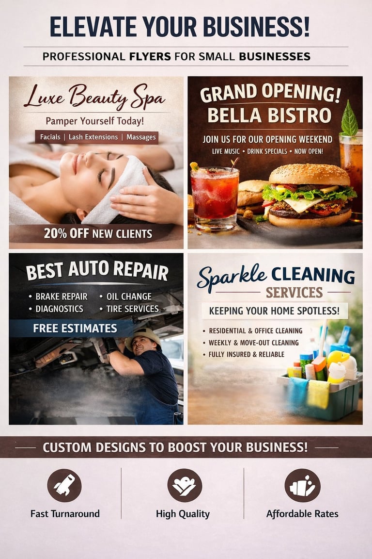 Professional flyer template for small businesses featuring examples for beauty spa, bistro, auto repair, and cleaning services with fast turnaround, high quality, and affordable rates