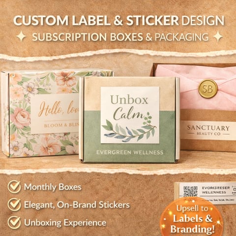 Custom subscription boxes with floral and botanical labels showing branding design services for packaging and labels