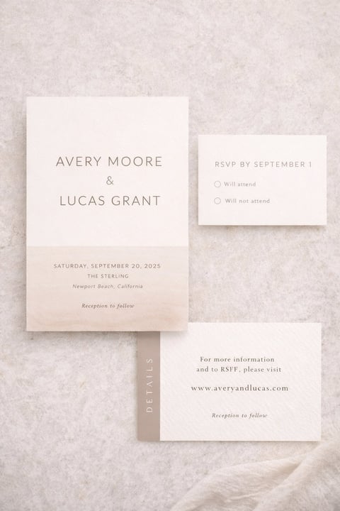 Minimalist wedding invitation suite with cream cardstock showing names, date, RSVP card, and details card on textured background