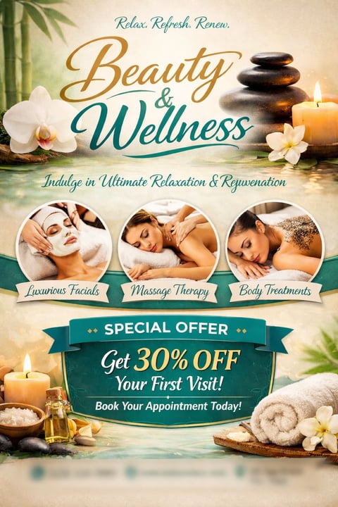 Beauty and wellness spa promotional flyer featuring massage therapy, facials, and body treatments with 30% off first visit offer