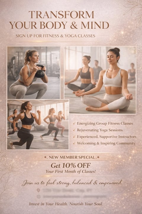 Fitness and yoga promotional flyer with women exercising, offering 10% off for new members to join fitness and yoga classes