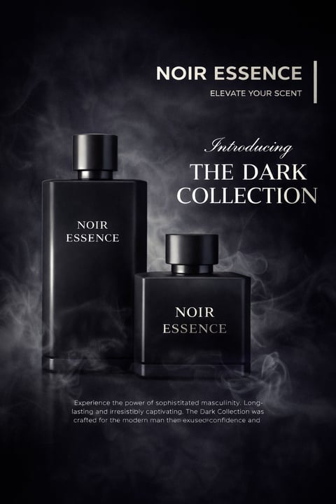 Two black Noir Essence perfume bottles on dark smoky background with text Elevate Your Scent and The Dark Collection