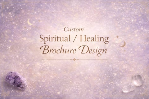 Custom Spiritual Healing Brochure Design with purple amethyst crystal and clear quartz on sparkly lavender background