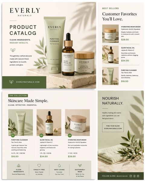 Everly Naturals skincare product catalog featuring natural beauty products with botanical ingredients and clean formulations