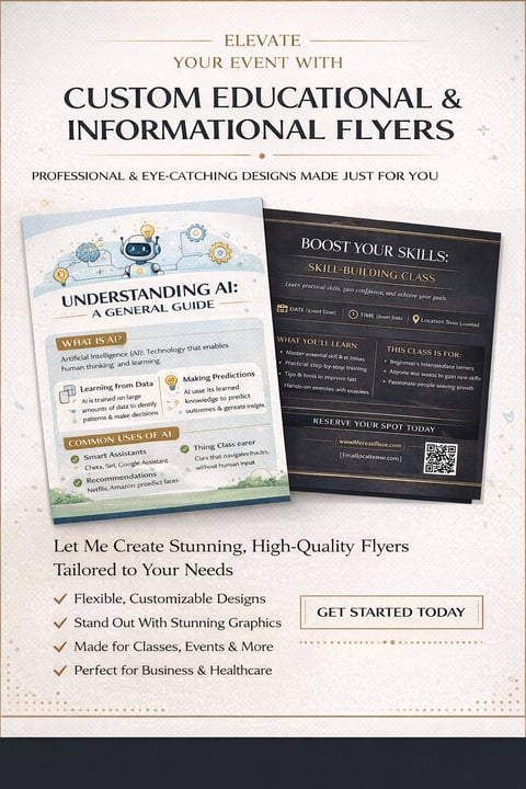 Two sample educational flyers displayed side by side showcasing custom design services for events, classes, and business marketing materials