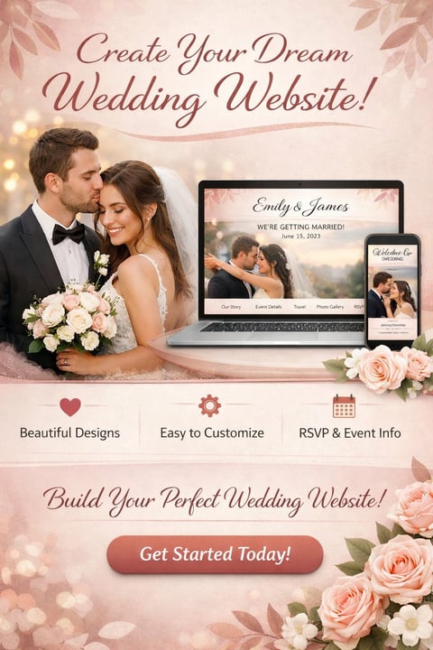 Promotional image for wedding website builder showing couple with flowers and responsive website mockups on laptop and mobile devices