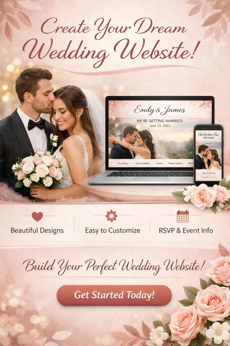 Promotional image for wedding website builder showing couple with flowers and responsive website mockups on laptop and mobile devices