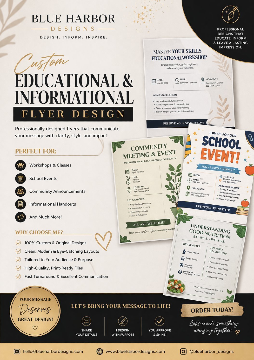 Blue Harbor Designs portfolio showing custom educational and informational flyer templates with botanical elements and design options for workshops, events, and community announcements