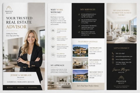 Real estate marketing tri-fold brochure featuring agent Jessica Morgan with service details and luxury property listings