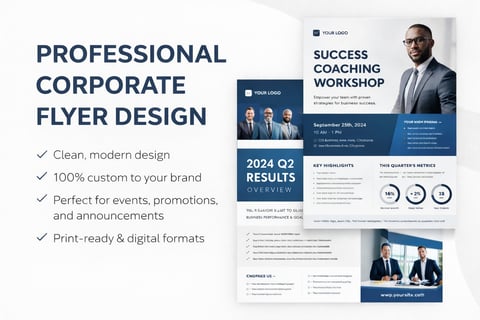 Professional corporate flyer design template showcasing clean modern layout with business team photos, checkmarks highlighting key features, and blue accent colors for branding