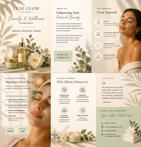 Luxe Glow Studio brochure showcasing beauty and wellness services with images of skincare products, facial treatments, and client testimonials