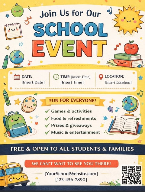Colorful school event flyer with playful illustrations, featuring date and location fields, activities list, and QR code for registration