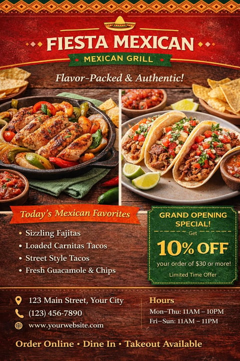 Fiesta Mexican Grill promotional flyer advertising sizzling fajitas, carnitas tacos, and a grand opening 10% discount offer