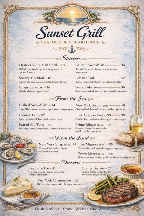 Sunset Grill Seafood and Steakhouse menu featuring starters, fresh seafood, land dishes, and desserts with decorative nautical border