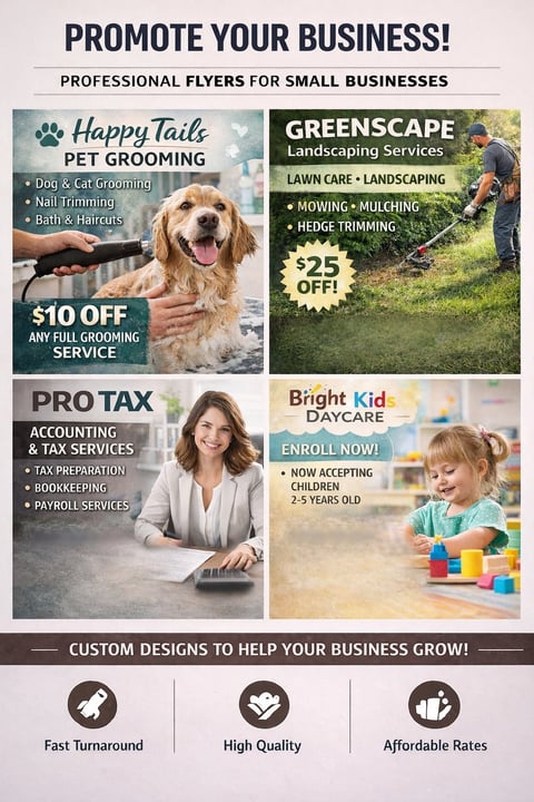 Professional business flyer template showcasing four service offers: pet grooming, landscaping, tax services, and daycare with promotional discounts