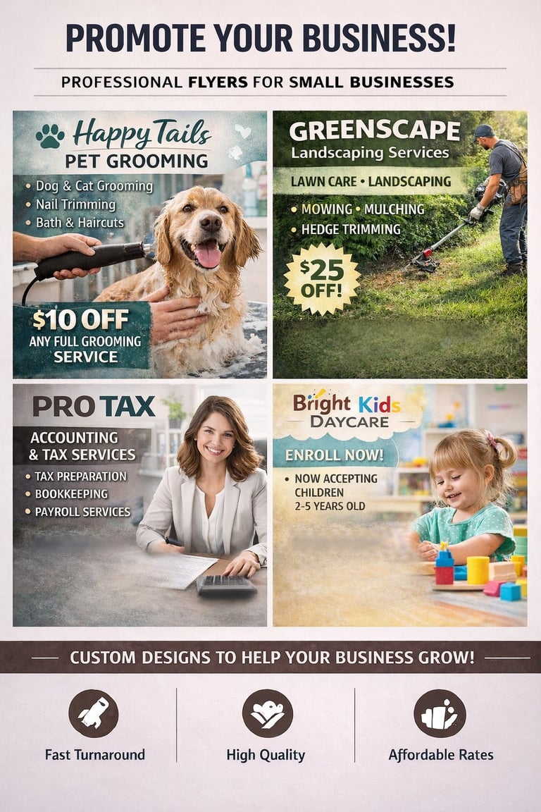 Professional business flyer template showcasing four service offers: pet grooming, landscaping, tax services, and daycare with promotional discounts