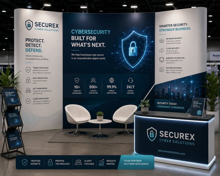 Securex cybersecurity trade show booth with navy and white panels, digital lock graphic, reception desk, and display chairs