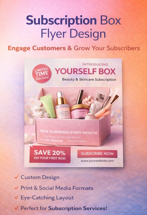 Subscription Box Flyer Design for Yourself Box Beauty & Skincare with pink gradient background, product display, and 20% discount offer